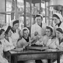 Студенты-медики на занятиях в анатомическом музее, Томск, 1946 год (предположительно)