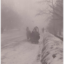 Сани с лошадью на зимней улице, г. Томск, 1950-1960-е, фото Г. Абрамочкина